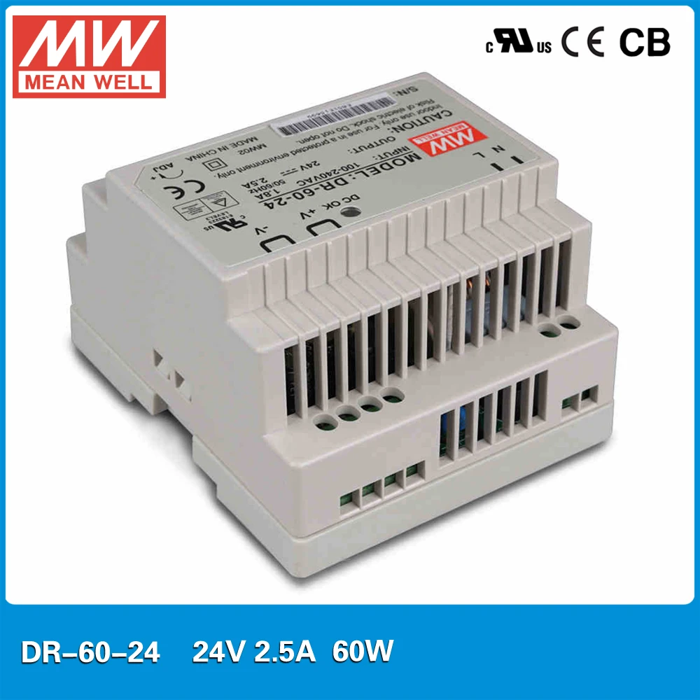 

Original MEAN WELL DR-60-24 Single Output 2.5A 24V 60W DIN rail mounted Meanwell power supply 88-264VAC input