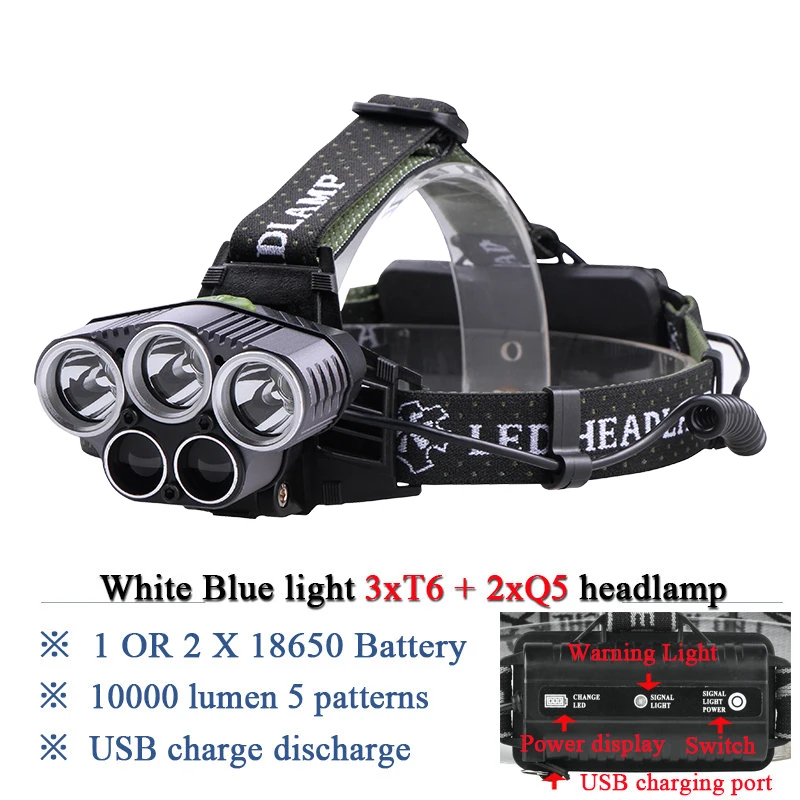 

linterna led cabeza 5 led headlamp USB head lamp headlight CREEXM L T6 Q5 15000 lumens powerful led flashlight head torch lamp
