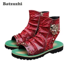 BATZUZHI Панк мужские сандалии из змеиной кожи, кожаные сандалии-гладиаторы, Украшенные шипами и заклепками; летние высокие мужские ботинки; Туфли на плоском ходу с открытым носком, US12