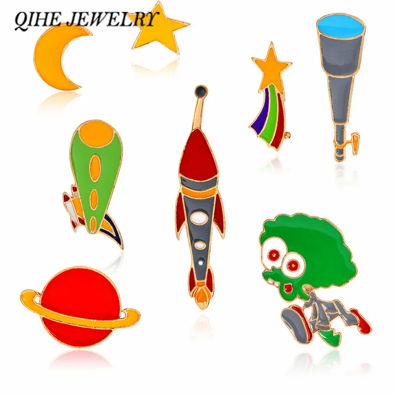 

QIHE JEWELRY Cosmic Pins & Brooches Star Moon Rocket Alien Telescope Design Galaxy Space Jewelry Astronomy Lover Gift
