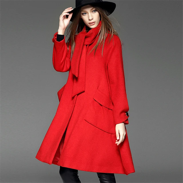 Cheap 2016 Spring Autumn Winter Women Solid Wool Overcoat Woolen Outerwear Thicken Loose Long Red Coat With Scraf Design Collar S-XL