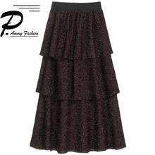 Осень и зима новые Блестящие Блестки в длинном утолщенном торте юбка женские модные однотонные юбки с оборками