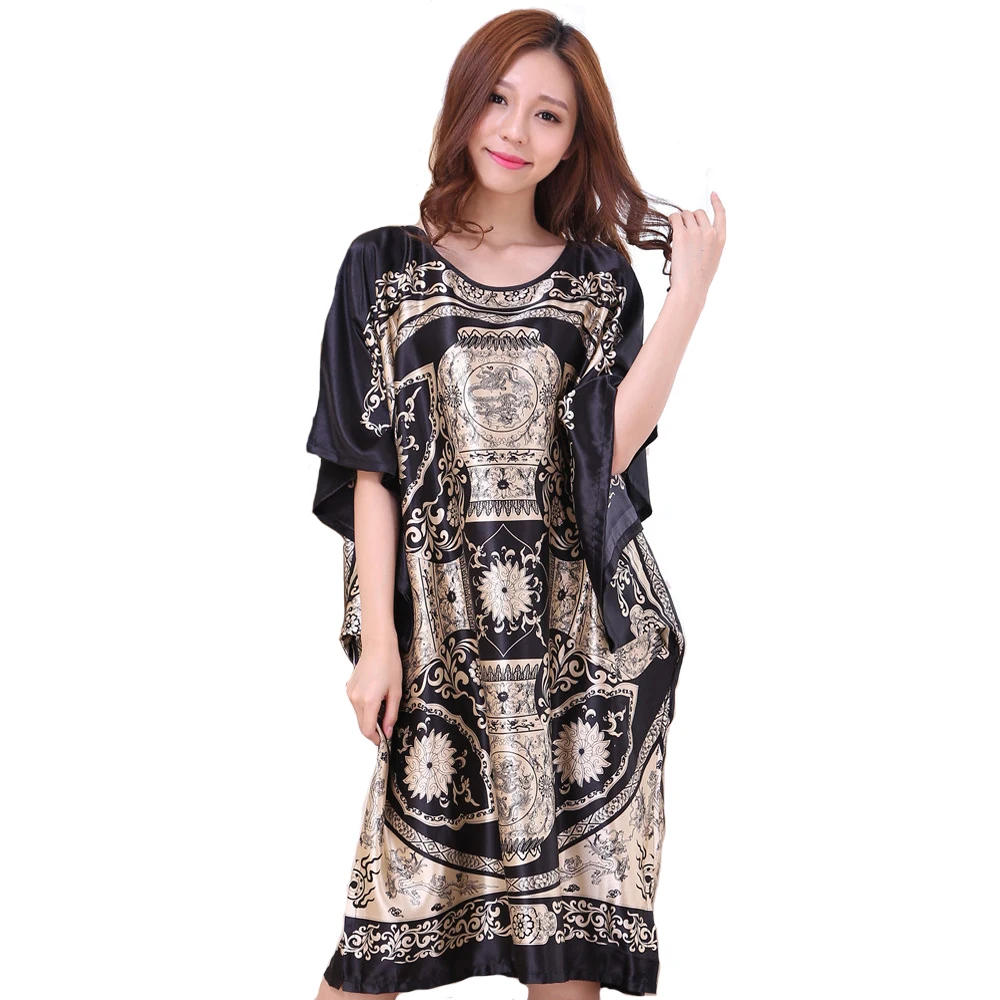Novelty Print Black Female Satin Robe Dress Nightgown Novelty Women's