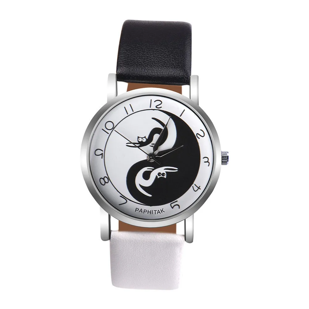 

2019 Hot fashion creative watches Ladies Watches Hot Clock Womens Yin-Yang Cute Cat Faux Leather Analog Quartz Watch