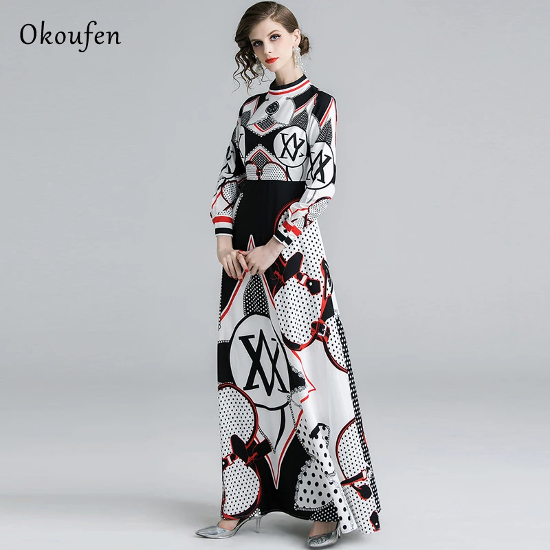

OKOUFEN 2019 Spring and Summer New Retro Small Stand Collar Fashion Long Holiday Dress Wave Point Elegant Long Sleeve ZX0009