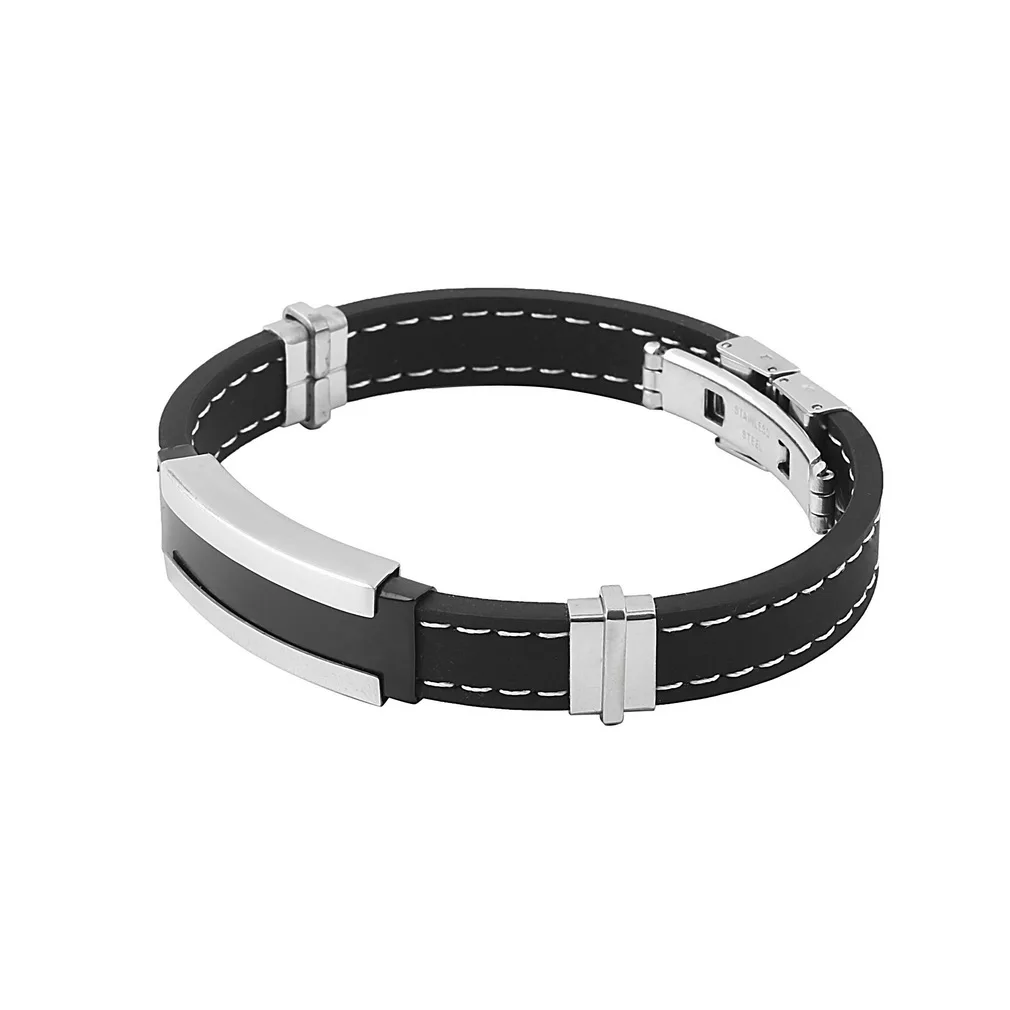 

New Fashion Men Bracelet Bangle Silicone Rubber Slippy Hollow Strip Grain Stainless Steel Jewelry Acessories