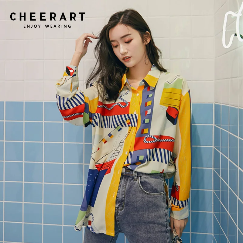  Cheerart Abstraction Print Womens Tops And Blouses Color Block Long Sleeve Shirt Colorful Blouse Sp