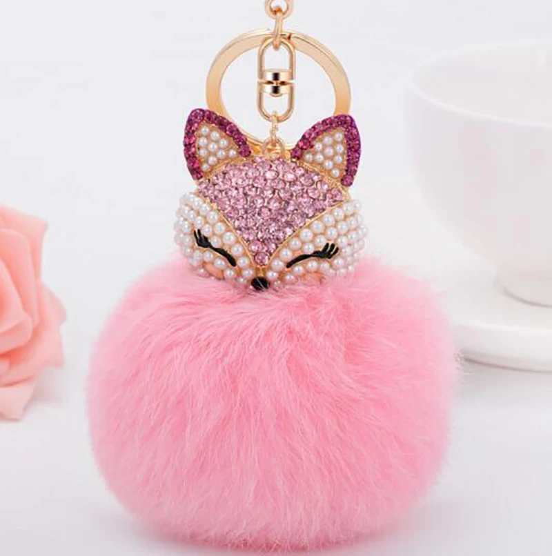 

Cute Crystal fluffy Keychain Fox Pompom Keychain For Women Bag Cars Pom Pom Fluffy Key Chains Keyring Pendant Porte Clef Charm