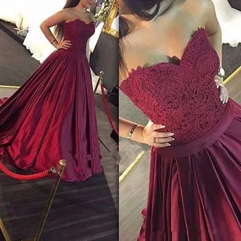 

2019 Burgundy Appliques Long Prom Dresses Ball Gown Sweetheart Floor Length Evening Dress Party Gown Robe de Soiree