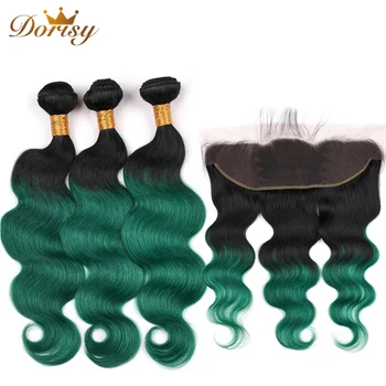 

T1b Green Ombre Body Wave Bundles With Closure Human Hair Bundles With Frontal Lace Frontal With Brazilian Remy Hair Bundles