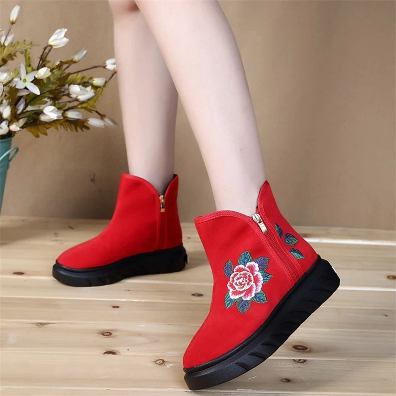 Flower Embroidered Women Casual Short Ankle Boots Zip up Ladies Cotton