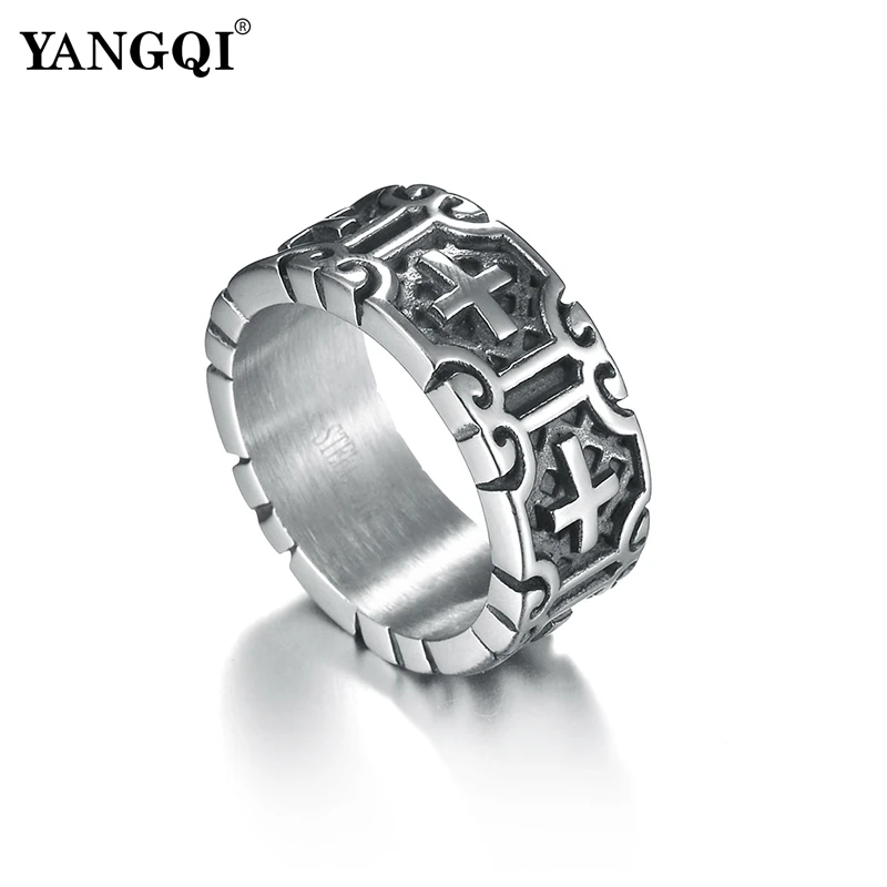 

YANGQI Jesus Cross Engraving Stainless Steel Ring for Men Antique Silver Punk Biker Jewelry Mens Vintage Punk Christ Bijoux
