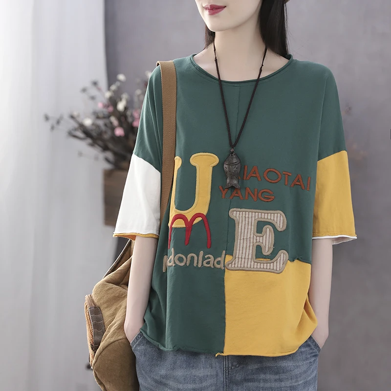 Women Summer Fashion Brand China Style Vintage Patchwork Letter Embroidery Short Sleeve T-shirt Female Casual Loose Tee Tshirts