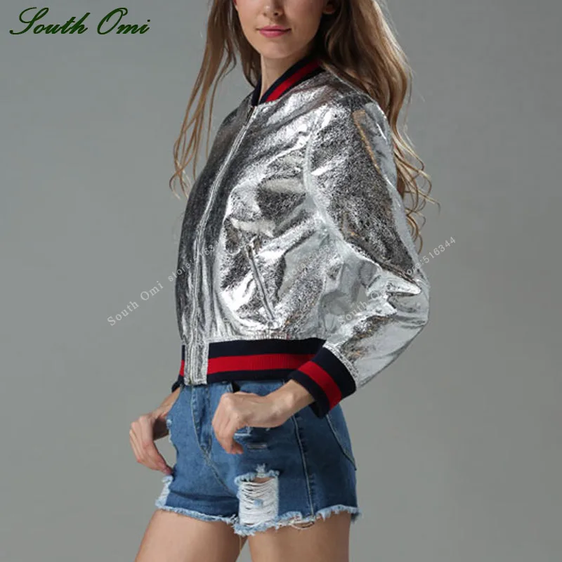 

Silver/Gold Leather Jacket Ladies Black Baseball Uniform Bomber Jacket Women Faux Leather Punk Runway Jackets Chaqueta Verde