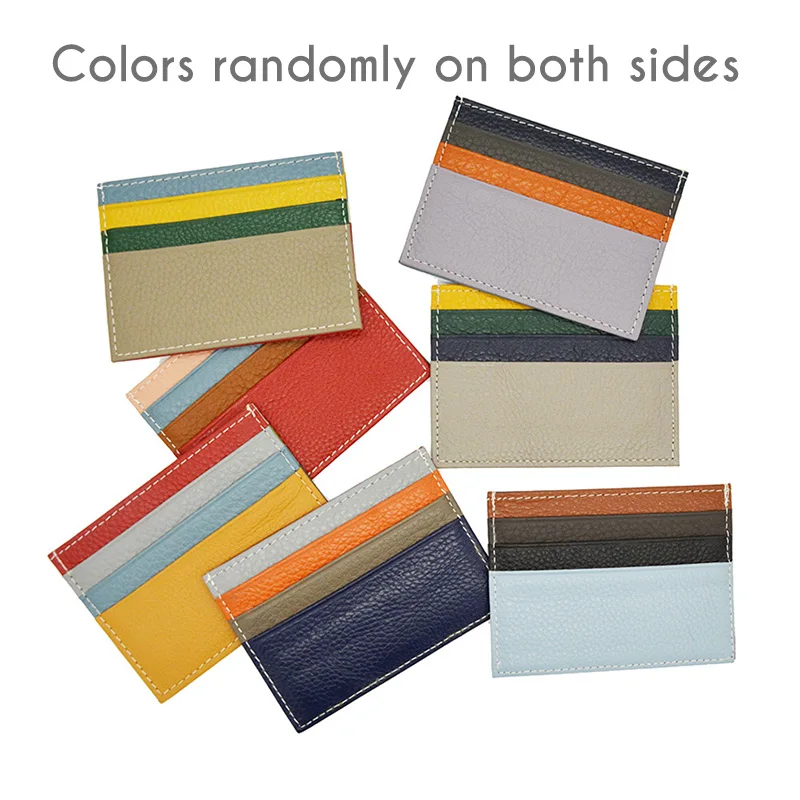 

100% Genuine Leather Litchi Grain Multi Random Colors Patchwork Card Wallet Credit ID Card Holder Purse Money Case for Men Women
