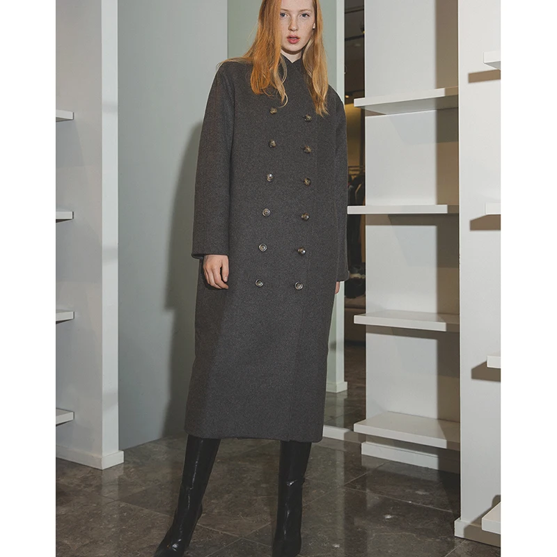 

Grey Black Wool Blend Trench coat Drop Shoulder Long Sleeves Front Double -breasted Buttons side pockets