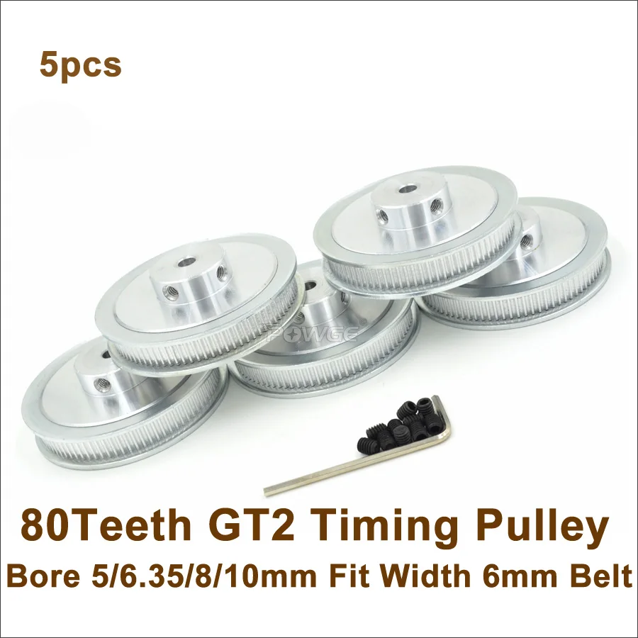 

POWGE 5pcs 80 Teeth 2GT Timing Pulley Bore 5/6.35/8/10mm Fit Width 6mm GT2 Timing Belt 3D Printer 80Teeth 80T GT2 Timing Pulley