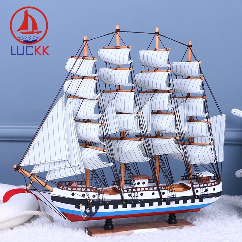 

LUCKK DIY 50 CM Wooden Sailboat Ship Model Red Blue Patchwork Wholesale Home Office Decoration Accessorie Crafts Free Shipping