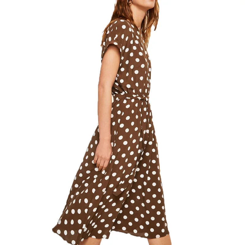 

2019 summer dress sashes womens clothing long dress women dot casual dress short sleeve brown dress