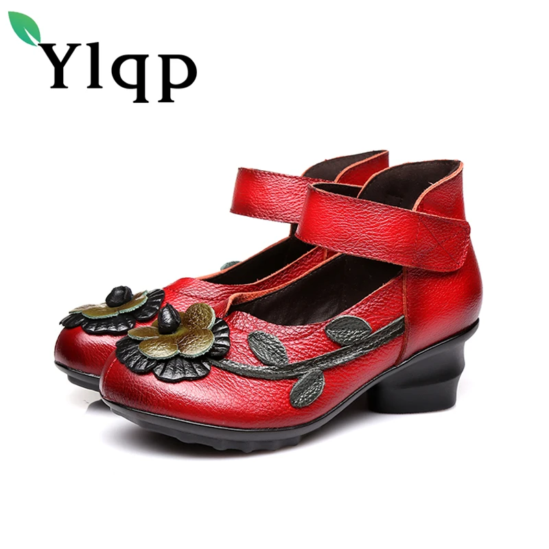 

Ylqp Brand High Quality Women Leisure Retro Printing Fashion Genuine Leather Mid Heel Wedding Shoes Woman Genuine Leather Pumps