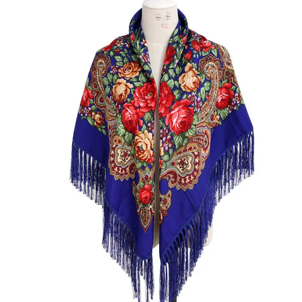 Роскошный бренд для женщин шарф с принтом русский этнический стиль хлопок цветочный узор кисточка зимний теплый квадратный шарф-одеяло - Цвет: Bao Blue