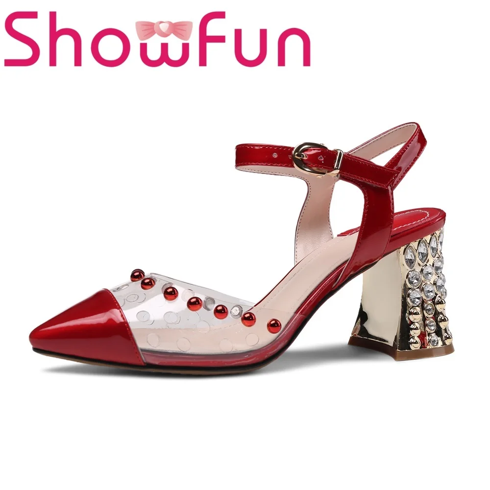 

Showfun genuine leather shoes woman party novelty polka dot rivet buckle front&rear strap square heel sandals