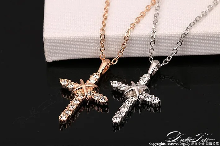 Double Fair Cross Cubic Zirconia Pave Necklaces & Pendants Rose Gold/Silver Color Wedding Jewelry For Men and Women DFN451M