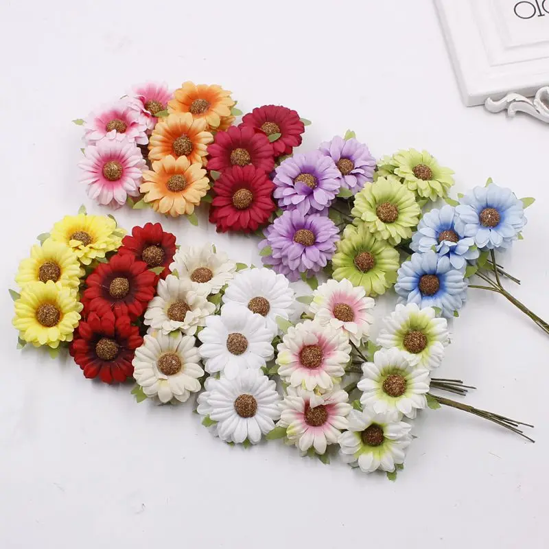 

6 Bunches Cheap Silk Sun Flower Daisy Head Bouquet Bride Wrist Artificial Flower For Home Wedding Car Decoration Accessories