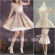 Freeship Beige Baumwolle Kurzen Ärmeln Lace-up Klassische Sweet Lolita Kleid/viktorianischen kleid Cocktailkleid Größe US 6-26 XS-6XL V-903