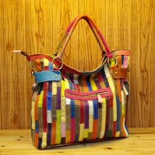 Сумка для женщин из натуральной кожи в полоску, пэчворк, красочные модные сумки на плечо, женская сумка-тоут, винтажная Повседневная дорожная сумочка