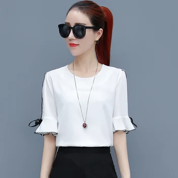 

Black Lace Lady White Chiffon Blouses Plus Size S-4XL O-Neck Half Sleeve Flare Sleeve Women Casual Shirts