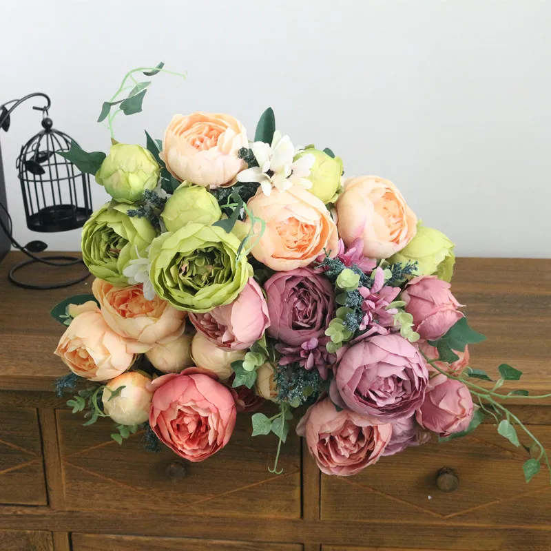 Flone Hight Quality Silk Flower European Peony Flower Bouquet Artificial Flowers Fake Leaf Wedding Home Party Decoration (3)