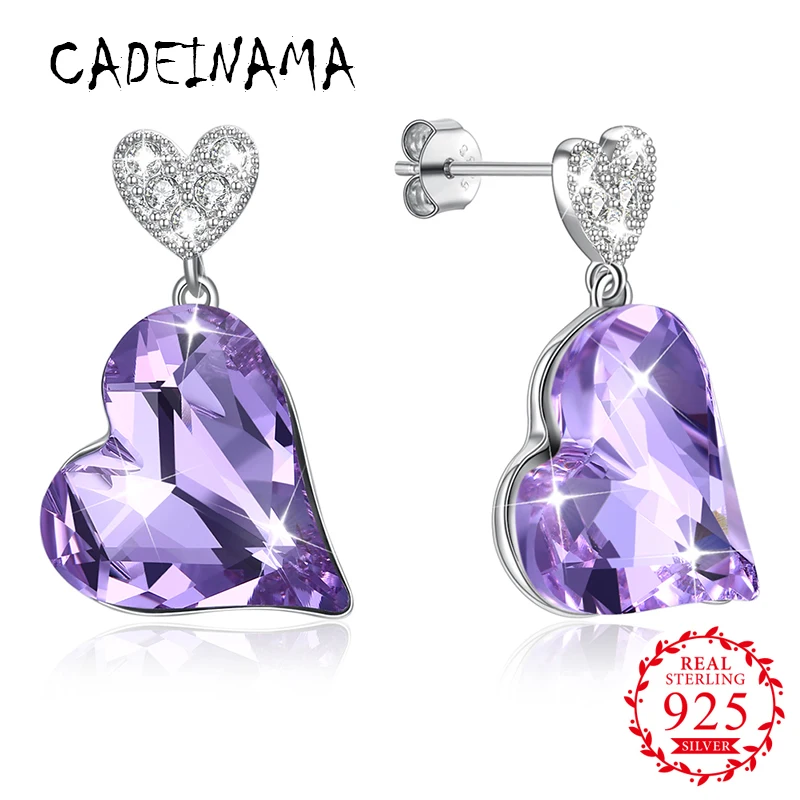 

CADEINAMA Luxury Women Solid 925 Sterling Silver Stud Earrings LOVE Heart Austria Crystal Girl Fine Jewelry Wedding Gift Vintage