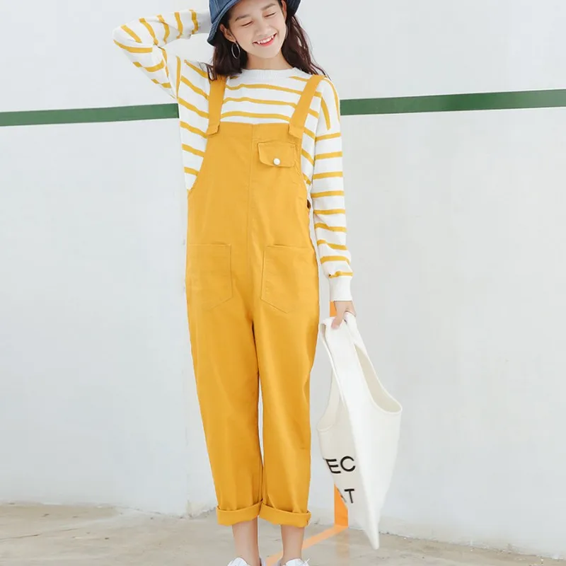 Spring Solid Color Denim Jumpsuits Women Vintage Fashion New Jean Overalls for Women Loose Pocket Long Pants Women Jumpsuit