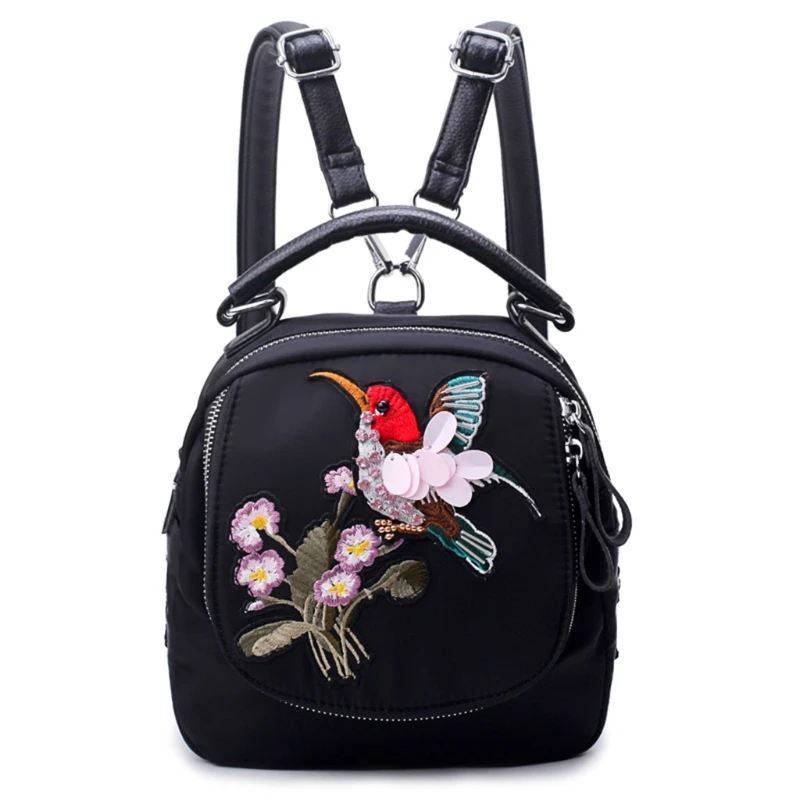 

Women Mini Backpack Flowers Bird Dragonfly Embroidery Nylon Backpack High Quality Embroidery Backpack