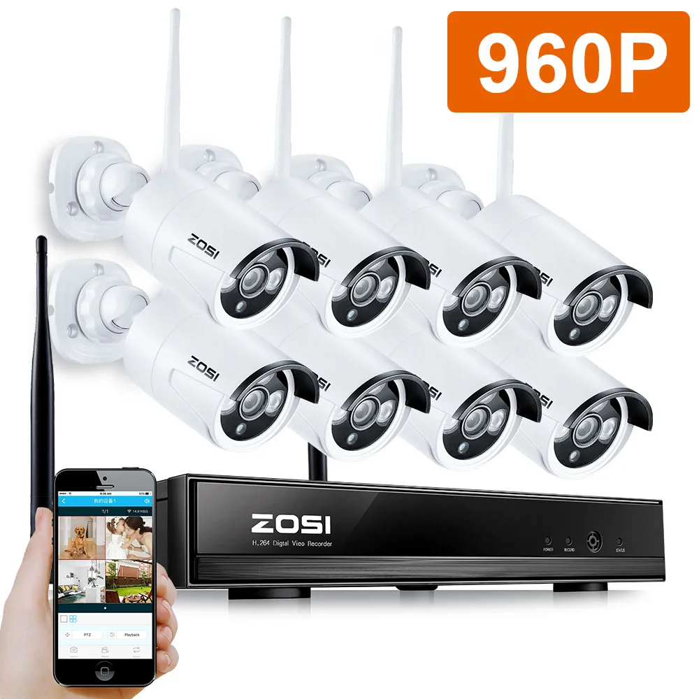 ZOSI 960P 8CH Беспроводная NVR CCTV система wifi 1.3MP ИК Наружная цилиндрическая P2P ip-камера Водонепроницаемый комплект видеонаблюдения