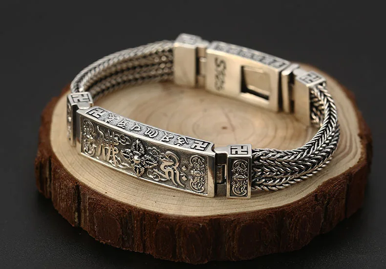 Buddha Mantra Instrument Vajra Foxtail Chain bracelets Bangle Real 925 Sterling Silver 925 Jewelry for men Bracelet B6