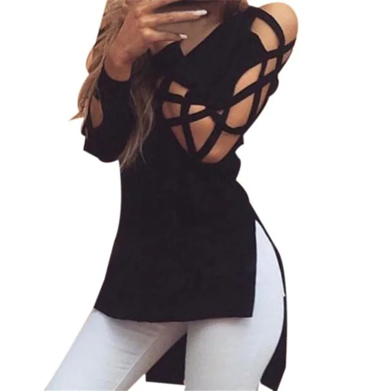 

Design Women Club Sexy Hollow Long Sleeve Blouse Casual Loose Black Shirts V Neck Tops Blusas Femininas Vintage Chemise Femme