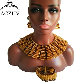 

ACZUV Brand Brown and Champagne Gold African Beads Jewelry Set for Women Ladies Nigerian Wedding Accessories AS018