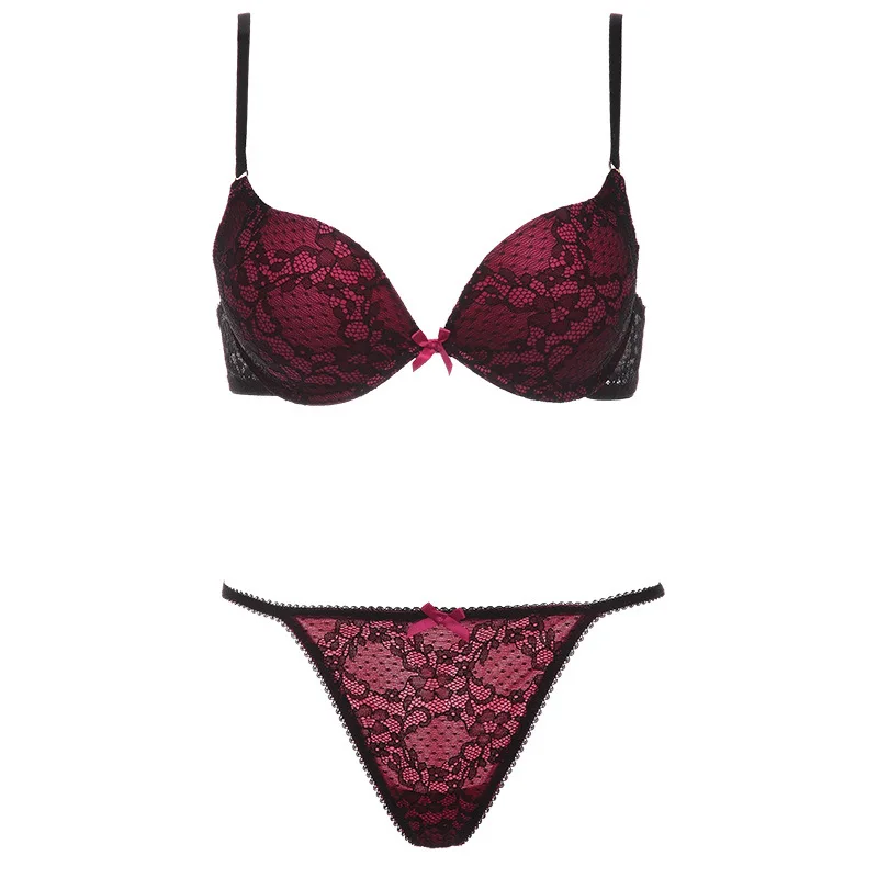 Deep V Lace Surface Push Up Sexy Bra Panty Sets Matching Bow G-string Comfortable Underwear Women Lingerie Set Intimates