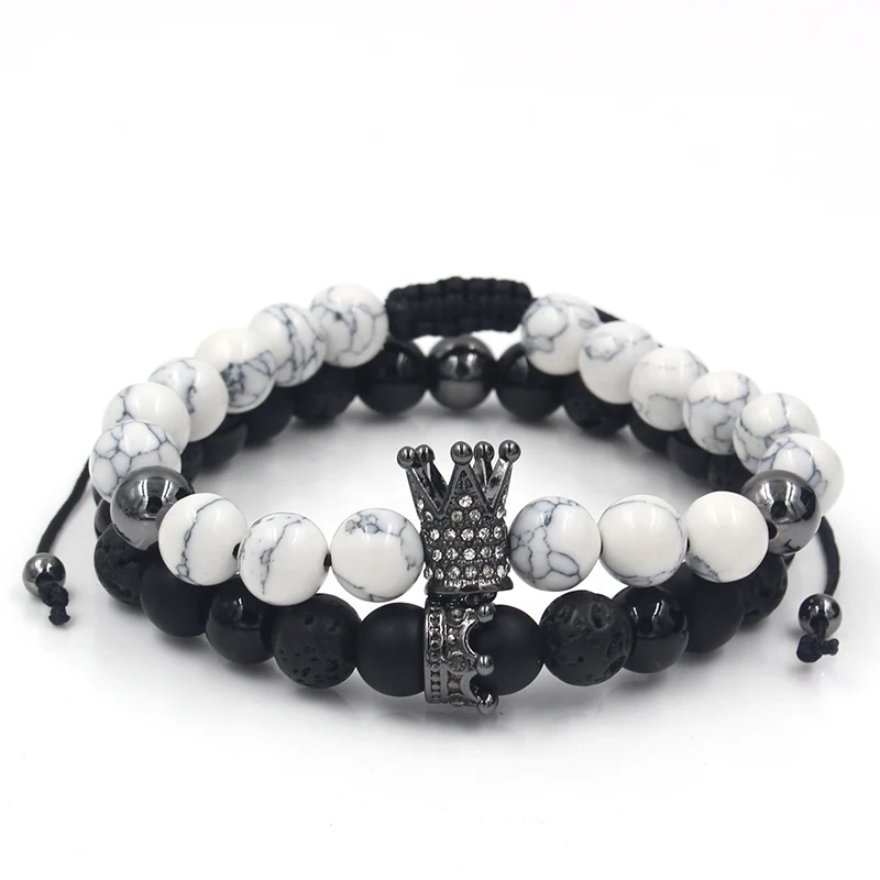 CZ Crown Charms Stone Beads Men Couple Bracelets Jewelry For Women 2Pcs/Set Bangles Sets Masculina Bileklik Pulseira Feminina bracelet jewelry