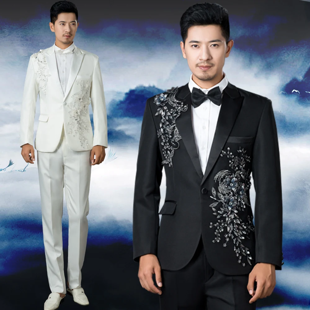 

Male wedding singer host Suits Chinese Zhong Shang embroidery Clothing Men's costume tunic sequins stage choral Outfit service