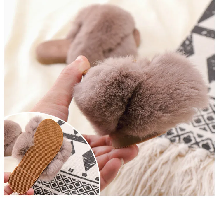 New Spring Plush Slippers Girls Slippers Real Rabbit Fur Shoes Open Toe Slippers All-match Childrens Shoes Summer Home Slippers