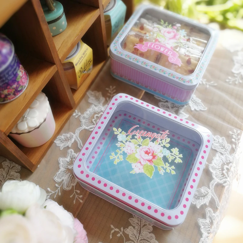 

New Arrival! 2pcs/lot Transparent Flowers Printings Square Jewerly Box Tin Candy &Cookies Box Gift Box Bird's Nest Box Hot sell!