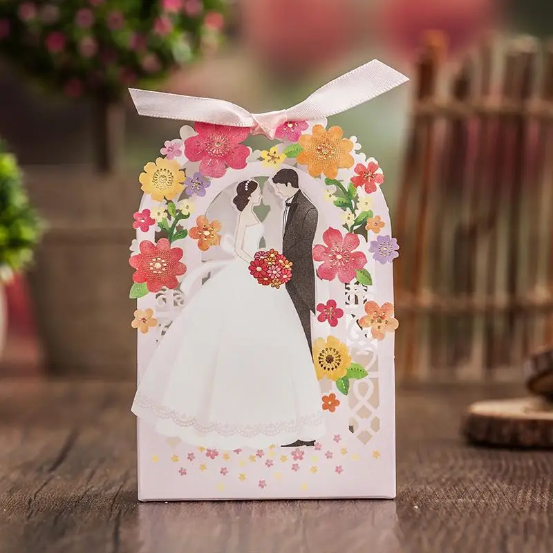 Pink Color Laser cut bride groom Wedding Candy Box Party gift favor holder 50PIECE/LOT