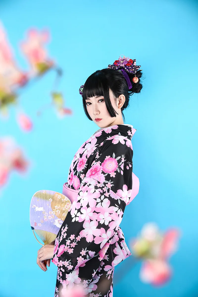Японский женский черный вишневый цвет без морщин гладильный материал формальный комплект кимоно
