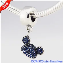 Подходит Для Всех Браслетов Micky Sparking Ear Hat серебряные подвески с синим CZ новые серебряные бусины 925 пробы DIY ювелирные изделия оптом 09136B