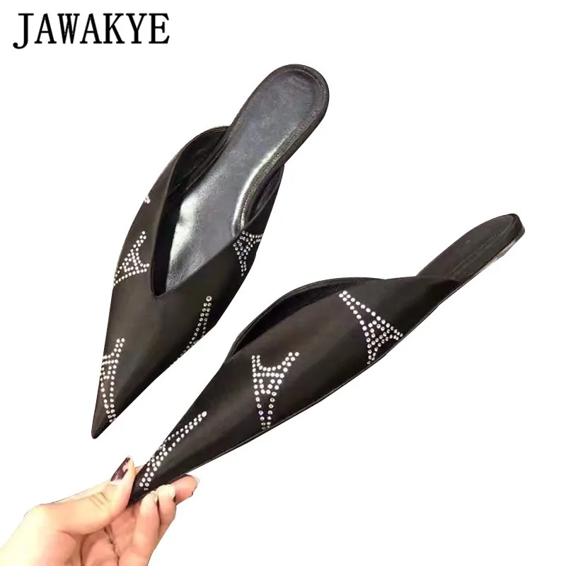 

JAWAKYE Pointed Toe Flat Heel Slippers Women Crystal Eiffel Tower Cozy Outdoor Flip Flops Muller 2019 New Beach Shoes for Ladies