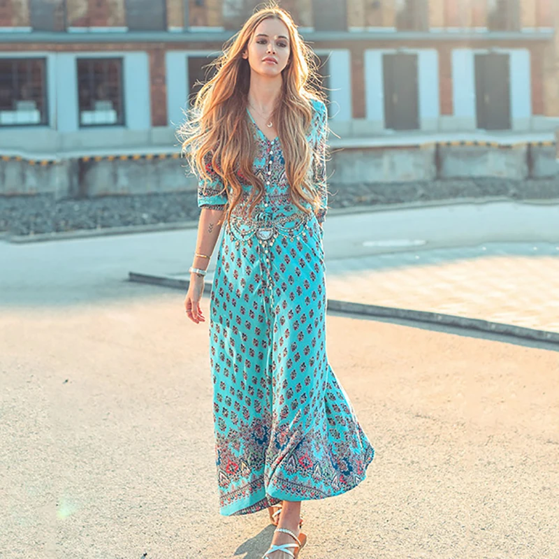 

New Women Summer Bohemia Dresses Sexy V Neck Vintage Print For Swimsuit Casual Cover Up Cardigan Long Dresses