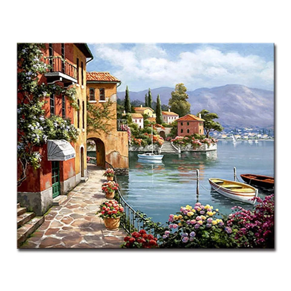 Wall Art Pictures Home Decor Artwork Seaside Town Landscape DIY Digital